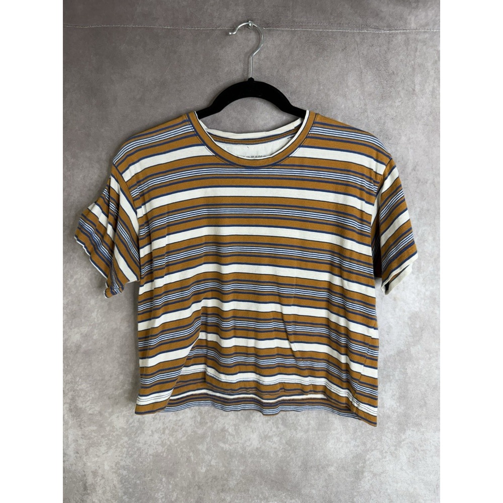 Wildfang Short Sleeve Boxy Cropped Striped Tee in Yellow Blue Women's Sz M